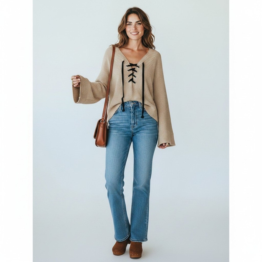 Lace Up Bell Sleeve Cotton Knit Sweater L Beige Boho Festival 70s Indie Grommet